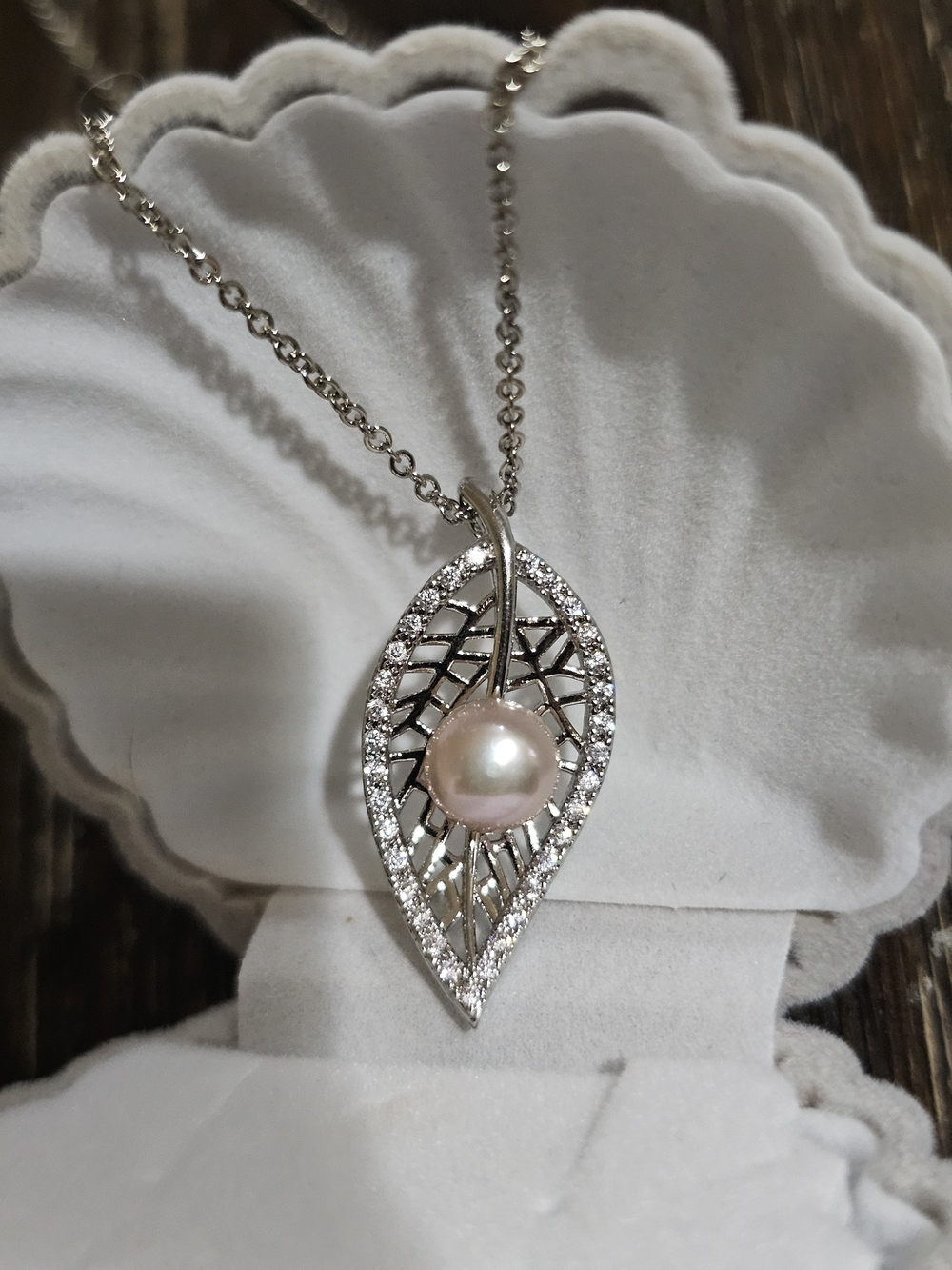 Pearl and Crystal Leaf Pendant Necklace - Silver Tone